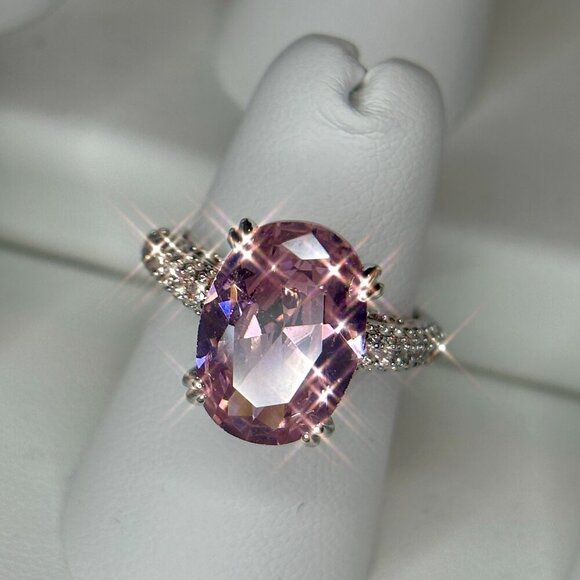 Pink Solitaire Gemstone Ring w/ Clear Accents Silver Plated Engagement size 7 - Picture 3 of 11